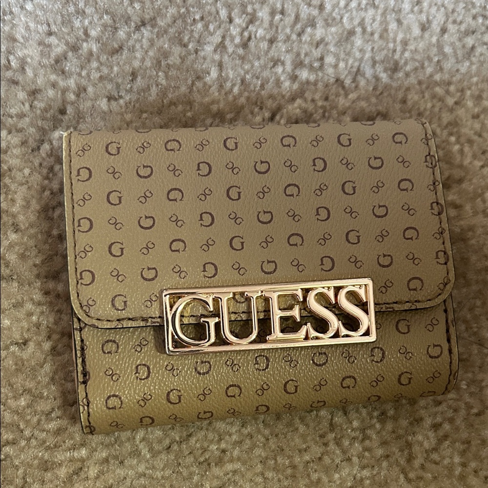 GUESS Taupe Monogram Compact Wallet with Gold Logo Plate